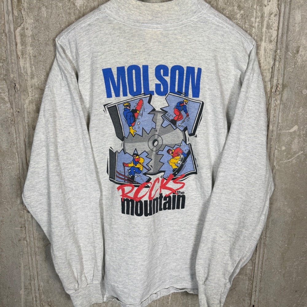 Vintage Molson Rocks the Mountain Long Sleeve Mock Neck Graphic T-Shirt Gray L